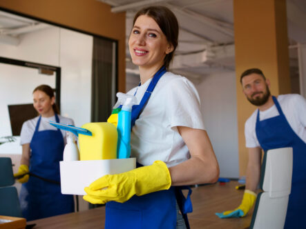 a professional cleaning woman holding a tray of cleaning accessories and two professional cleaners in background cleaning household items.