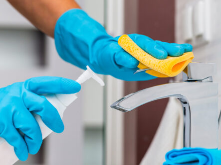 close shot of hands wearing blue color safety gloves and holding a sponge and spray bottle and cleaning a tap.